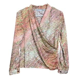 Liz Claiborne Faux Wrap Blouse Cabana Coral Multi Abstract Spring Easter PS NWT